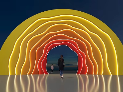 Colorful Gradient Event Entrance With Yellow Orange Red Lights And People Walking Through 3d model