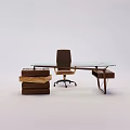 Modern Desk and Chair Set with Glass Top Wooden Frame and Brown Leather Armrests