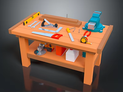 Functional Workbench with Clamp Tools Tape Measure Wooden Top and Storage Shelf 3d model