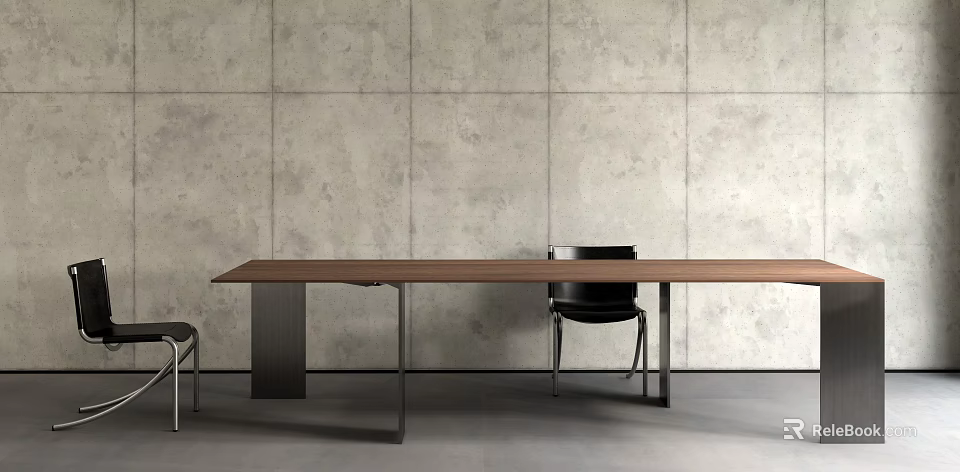 Modern Dining Table Set With Wooden Tabletop Black Chairs And Gray Wall 3d model 