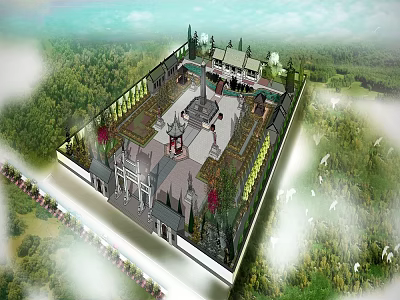 Aerial View Of Traditional Chinese Garden With Classical Architecture And Surrounding Forest 3d model