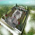 Aerial View Of Traditional Chinese Garden With Classical Architecture And Surrounding Forest