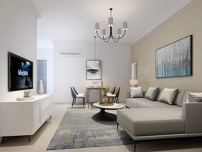 Modern Living And Dining Room Interior With Gray Sofa Coffee Table And Chandelier 3d model