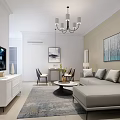 Modern Living And Dining Room Interior With Gray Sofa Coffee Table And Chandelier