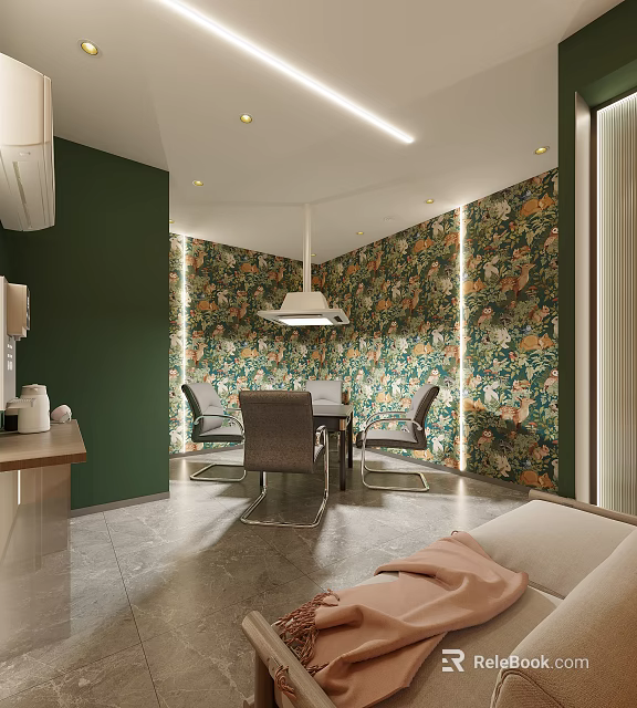 Hotel Chess And Card Room With Floral Wallpaper Modern Seating 3d model 
