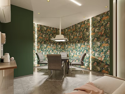 Hotel Chess And Card Room With Floral Wallpaper Modern Seating 3d model