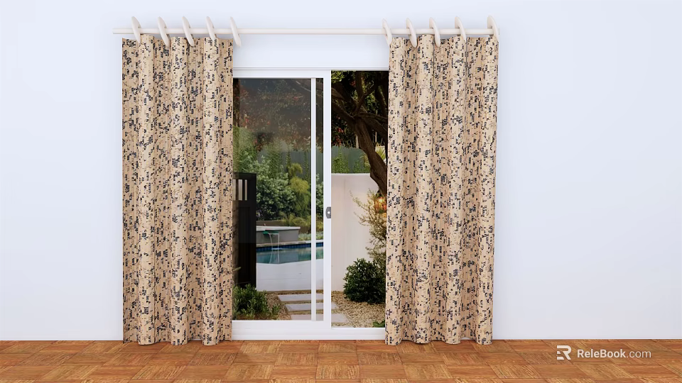 Beige Curtains with Black Patterns for Sliding Glass Door Overlooking Garden Pool and Wooden Floor 3d model 
