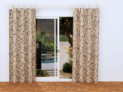 Beige Curtains with Black Patterns for Sliding Glass Door Overlooking Garden Pool and Wooden Floor 3d model