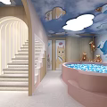 Kindergarten Interior With Wooden Elements Open Space Circular Pendant Lights Staircase And Bookshelves