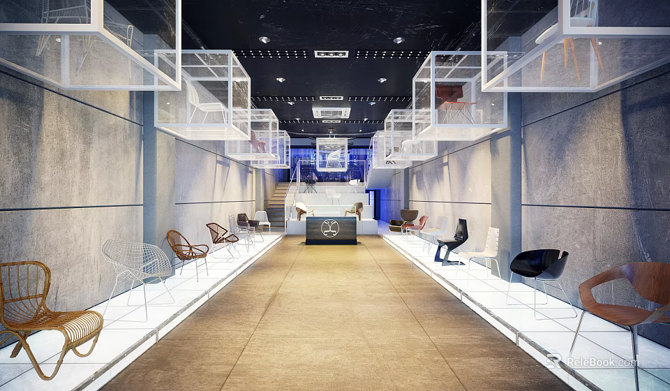 Modern Furniture Store Showcasing Various Chairs With Display Areas Central Aisle And Ceiling Lights 3d model 