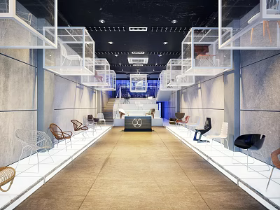Modern Furniture Store Showcasing Various Chairs With Display Areas Central Aisle And Ceiling Lights 3d model