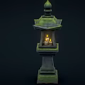 Ancient Style Stone Lantern With Pagoda Top And Lit Candle In Chamber