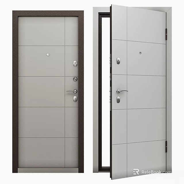 Gray Panel Swing Door With Brown Border And Modern Handle Lock Design 3d model 