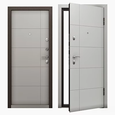 Gray Panel Swing Door With Brown Border And Modern Handle Lock Design 3d model