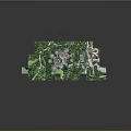 Cartoon Style Garden Scene with Lush Green Plants Circular Structures and Winding Paths