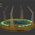 Decorative Circular Stone Platform With Blue Liquid Spiked Pillars And Red Accents