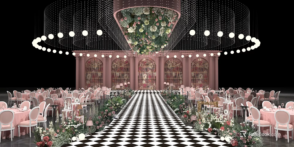 Luxurious Banquet Hall Interior With Ceiling Floral Decor Checkerboard Floor And Pink Columns 3d model 