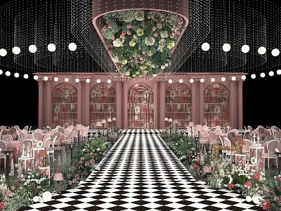 Luxurious Banquet Hall Interior With Ceiling Floral Decor Checkerboard Floor And Pink Columns 3d model
