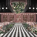 Luxurious Banquet Hall Interior With Ceiling Floral Decor Checkerboard Floor And Pink Columns