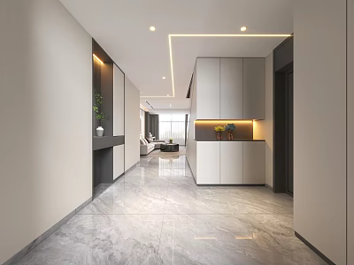 Modern Minimalist Living Room Interior Design With Marble Floor White Cabinets And Green Plants 3d model