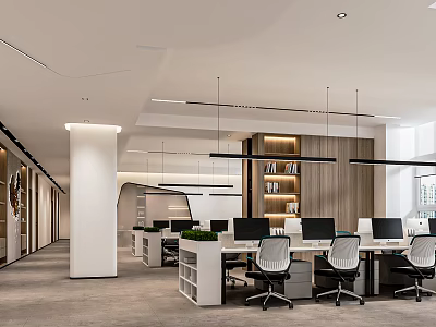 Modern Public Office Interior Design With Desks Computers Office Chairs Bookshelves And Hanging Lighting 3d model