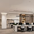 Modern Public Office Interior Design With Desks Computers Office Chairs Bookshelves And Hanging Lighting