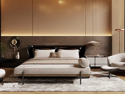 Modern Bedroom Interior Design With Beige Bed Textured Wall Nightstand Rug And Soft Lighting 3d model