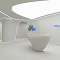 Modern Hotel Lobby With Curved Design White Reception Desk And Decorative Spheres