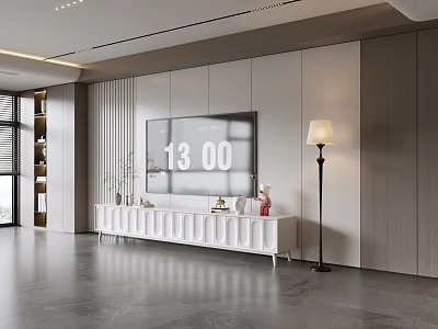 Modern White TV Console In Living Room With Vertical Striped Backdrop And Floor Lamp Decorations 3d model