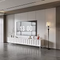 Modern White TV Console In Living Room With Vertical Striped Backdrop And Floor Lamp Decorations