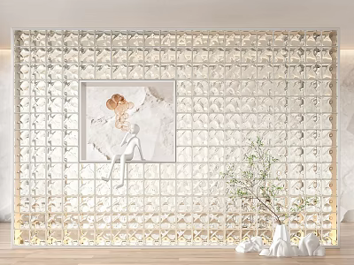 Grid Patterned Partition With Framed Center Painting Bottom Lighting And White Vase With Green Plants 3d model