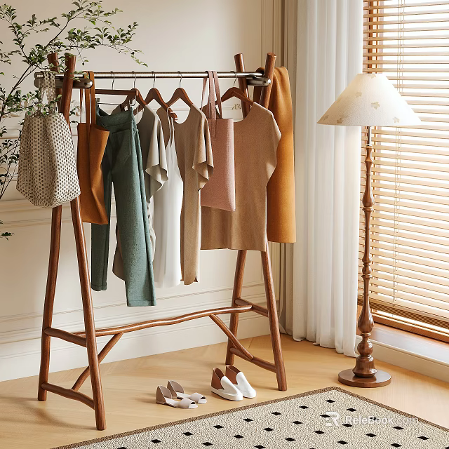 Cozy Wooden Clothes Rack With Hanging Clothes Floor Lamp And Blinds 3d model 