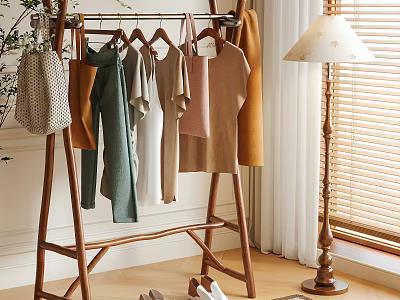 Cozy Wooden Clothes Rack With Hanging Clothes Floor Lamp And Blinds 3d model
