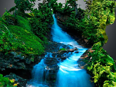 Scenic Natural Waterfall Scene With Flowing Blue Water Lush Green Vegetation And Rocks 3d model