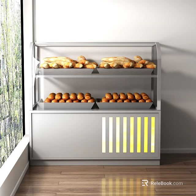 Dessert Shop Display Cabinet With Bread On Shelves And Yellow Striped Doors By Window 3d model 