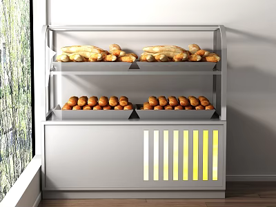 Dessert Shop Display Cabinet With Bread On Shelves And Yellow Striped Doors By Window 3d model