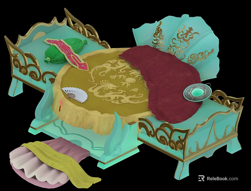 Antique Turquoise Bed Frame With Golden Decorations Dragon Patterns And Red Quilt 3d model 