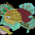 Antique Turquoise Bed Frame With Golden Decorations Dragon Patterns And Red Quilt