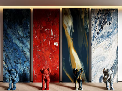 Vertical Multicolored Marble Cultural Wall with Decorative Sculptures in Interior 3d model