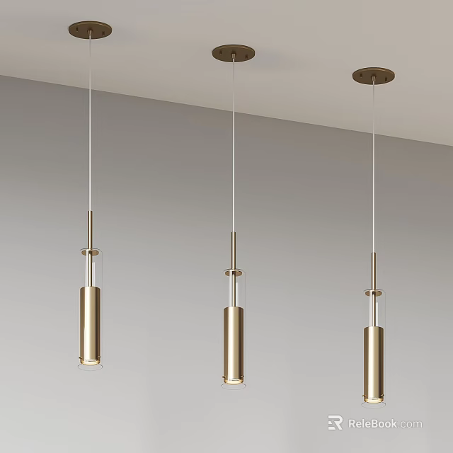 Modern Golden Cylindrical Pendant Lights With Glass Accents Hanging From Ceiling 3d model 