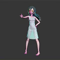 Game Movie Character With Blue Hair White Dress Outstretched Hand And Hand On Hip