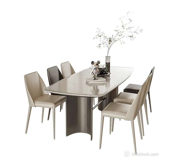 Modern Dining Table And Chairs Combination With Beige Seats And Vase Of White Flowers 3d model 