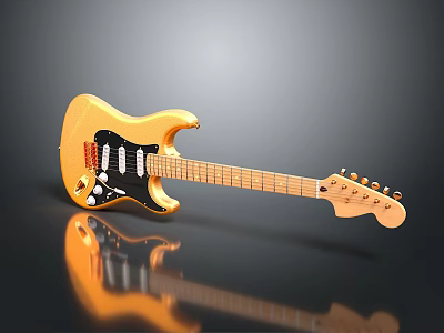 Yellow Electric Guitar With Black Pickguard Wooden Neck And Tuning Pegs On Reflective Surface 3d model