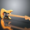 Yellow Electric Guitar With Black Pickguard Wooden Neck And Tuning Pegs On Reflective Surface