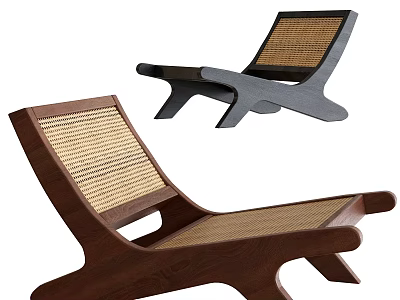 Modern Woven Rattan Lounge Chair With Wooden Frame Comfortable Seat And Backrest 3d model