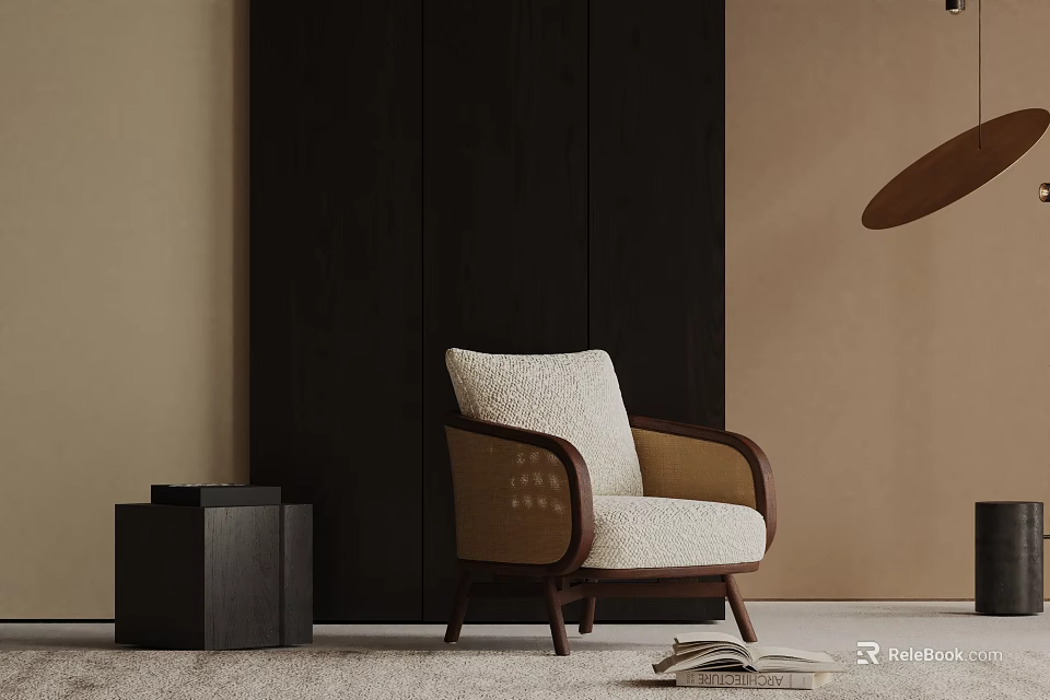 Comfortable Accent Chair With Wool Cushion And Wooden Frame In Modern Room With Beige Walls And Dark Panel 3d model 