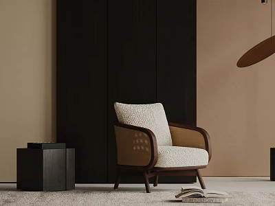 Comfortable Accent Chair With Wool Cushion And Wooden Frame In Modern Room With Beige Walls And Dark Panel 3d model