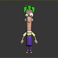 3D Cartoon Game Movie Character with Green Hair Big Eyes Yellow Shirt Purple Pants