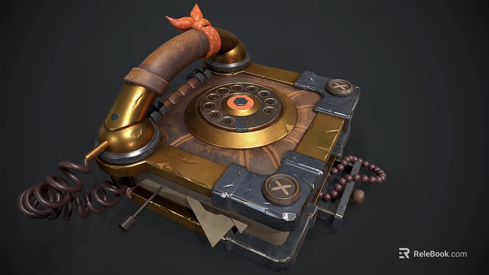 Vintage Digital Telephone With Retro Copper Accents Wooden Elements Rotary Dial Red Ribbon Decorative Beads 3d model 