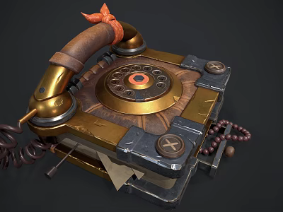 Vintage Digital Telephone With Retro Copper Accents Wooden Elements Rotary Dial Red Ribbon Decorative Beads 3d model